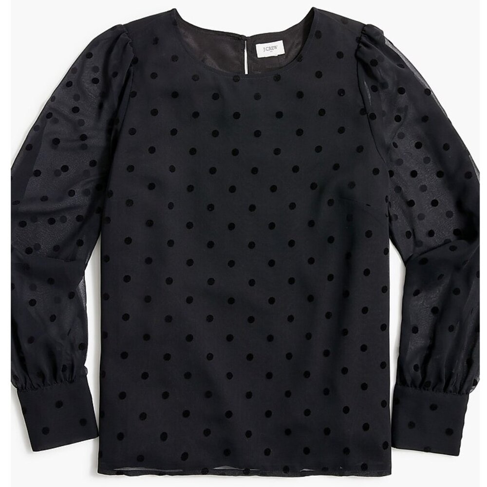 J. Crew Factory Flock Dot Top Blouse Sheer Sleeves Size L Black -Like New